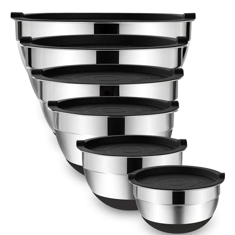 Mixing Bowls with Lids and Non-Slip Bases, Stainless Steel Mixing Bowls Set for Baking, Nesting Storage Bowls, JT227, 6 Pcs
