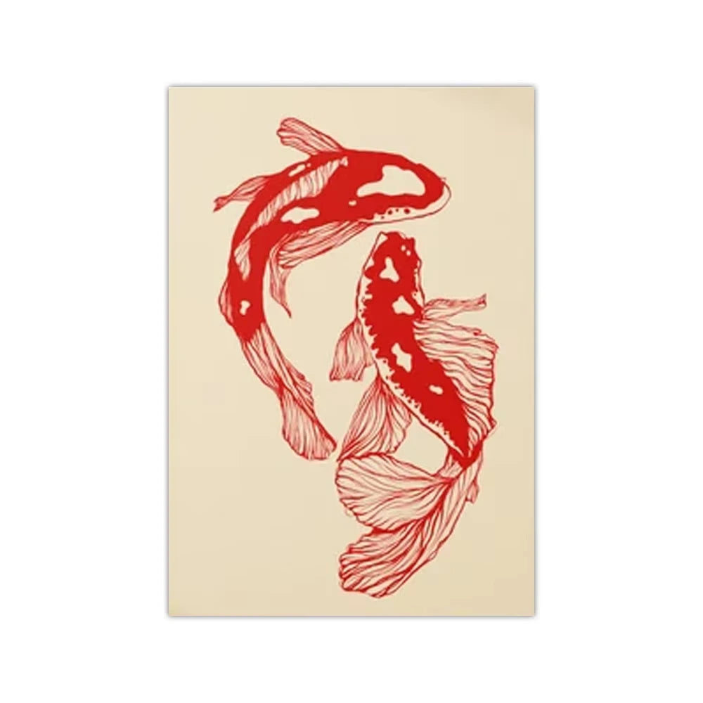 1PC Unframed Vintage Red Koi Fish Posters Canvas Painting Retro 2pcs Fish Aesthetic Wall Art for Home Living Room Office Decor