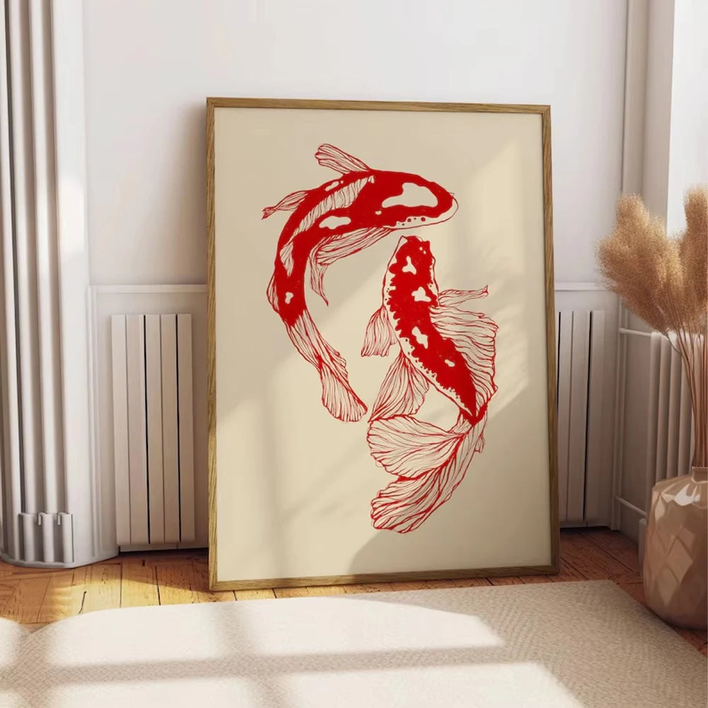 1PC Unframed Vintage Red Koi Fish Posters Canvas Painting Retro 2pcs Fish Aesthetic Wall Art for Home Living Room Office Decor