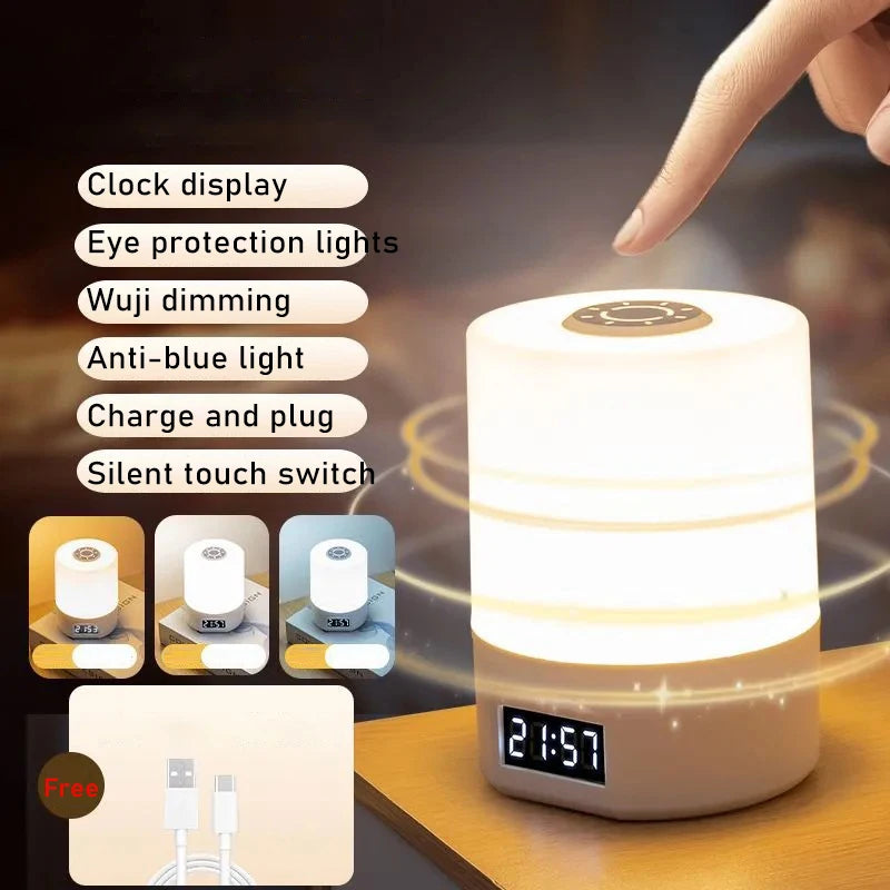 LED Night Light Clock Bedroom Bedside Desk Lamp Touch Baby Feeding Eye Protection Sleep Light Dimmable Charging Touch Desk Lamp